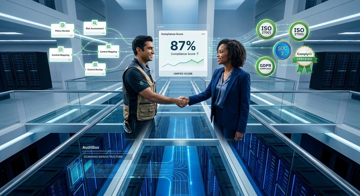 An auditor and client reviewing a compliance score and certification badges