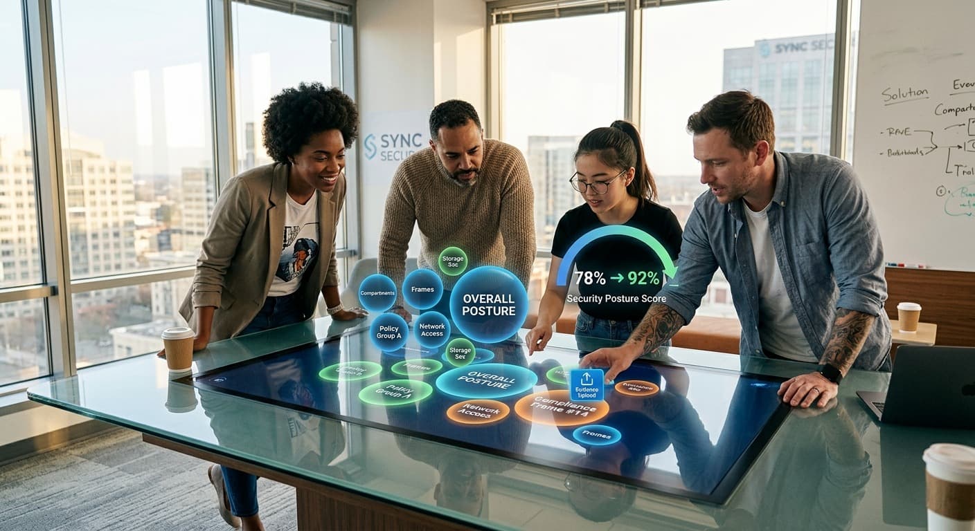 A compliance team reviewing a security posture score together